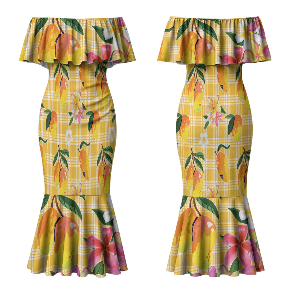 Aloha Hawaii Palaka Print Mango Plumeria Couples Matching Mermaid Dress and Long Sleeve Button Shirt Fresh Lemon LT7 - Polynesian Pride