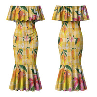 Aloha Hawaii Palaka Print Mango Plumeria Couples Matching Mermaid Dress and Long Sleeve Button Shirt Fresh Lemon LT7 - Polynesian Pride