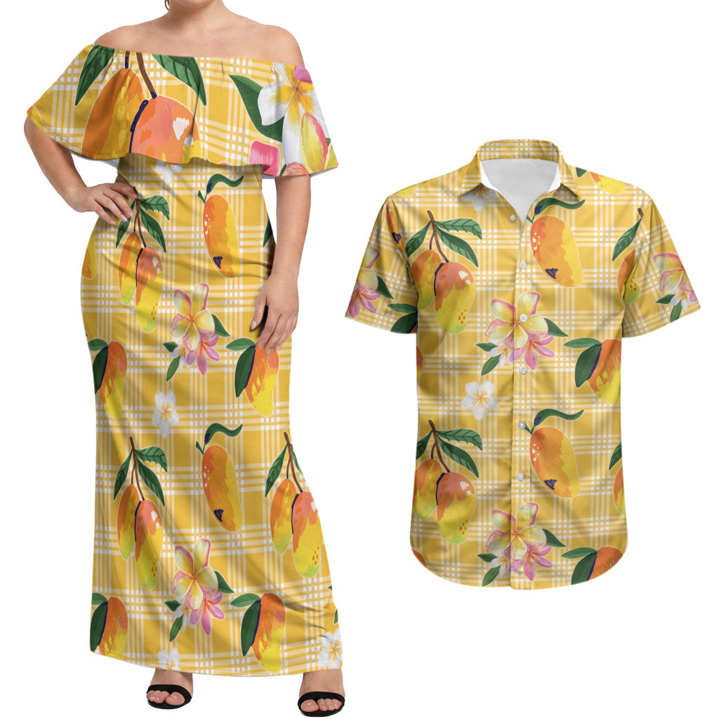 Aloha Hawaii Palaka Print Mango Plumeria Couples Matching Off Shoulder Maxi Dress and Hawaiian Shirt Fresh Lemon LT7 Yellow - Polynesian Pride