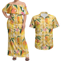 Aloha Hawaii Palaka Print Mango Plumeria Couples Matching Off Shoulder Maxi Dress and Hawaiian Shirt Fresh Lemon LT7 Yellow - Polynesian Pride