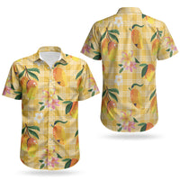 Aloha Hawaii Palaka Print Mango Plumeria Couples Matching Off Shoulder Maxi Dress and Hawaiian Shirt Fresh Lemon LT7 - Polynesian Pride
