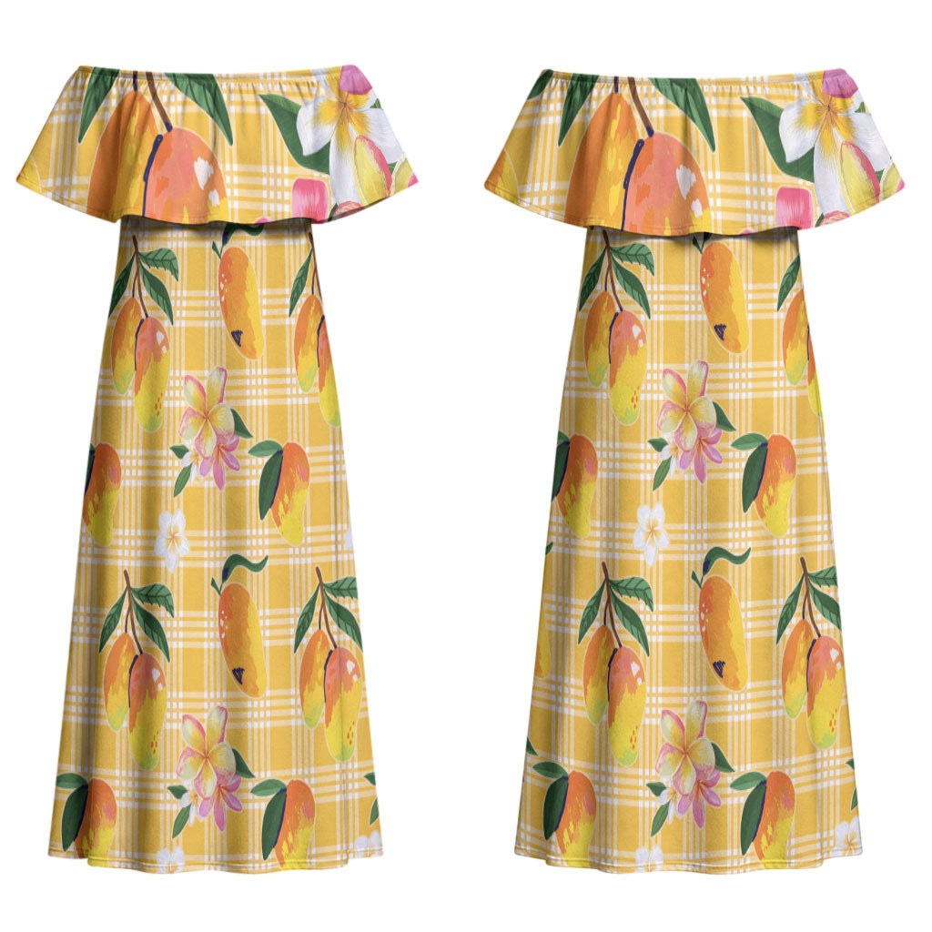 Aloha Hawaii Palaka Print Mango Plumeria Couples Matching Off Shoulder Maxi Dress and Hawaiian Shirt Fresh Lemon LT7 - Polynesian Pride