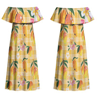 Aloha Hawaii Palaka Print Mango Plumeria Couples Matching Off Shoulder Maxi Dress and Hawaiian Shirt Fresh Lemon LT7 - Polynesian Pride
