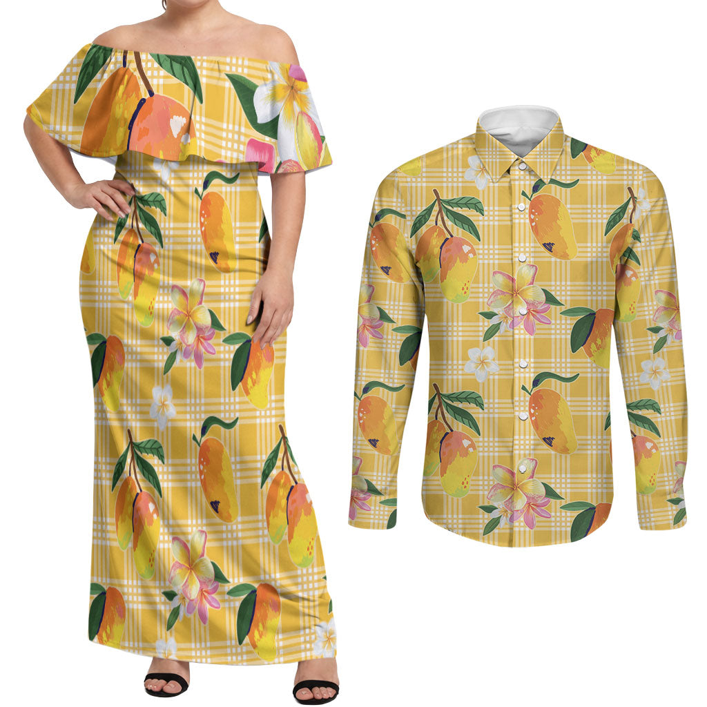 Aloha Hawaii Palaka Print Mango Plumeria Couples Matching Off Shoulder Maxi Dress and Long Sleeve Button Shirt Fresh Lemon LT7 Yellow - Polynesian Pride