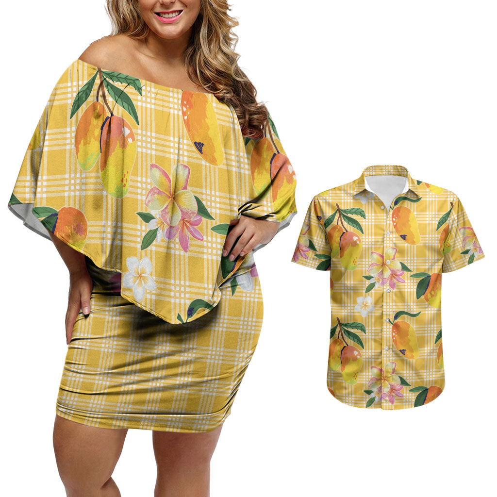 Aloha Hawaii Palaka Print Mango Plumeria Couples Matching Off Shoulder Short Dress and Hawaiian Shirt Fresh Lemon LT7 Yellow - Polynesian Pride