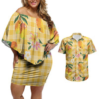 Aloha Hawaii Palaka Print Mango Plumeria Couples Matching Off Shoulder Short Dress and Hawaiian Shirt Fresh Lemon LT7 Yellow - Polynesian Pride