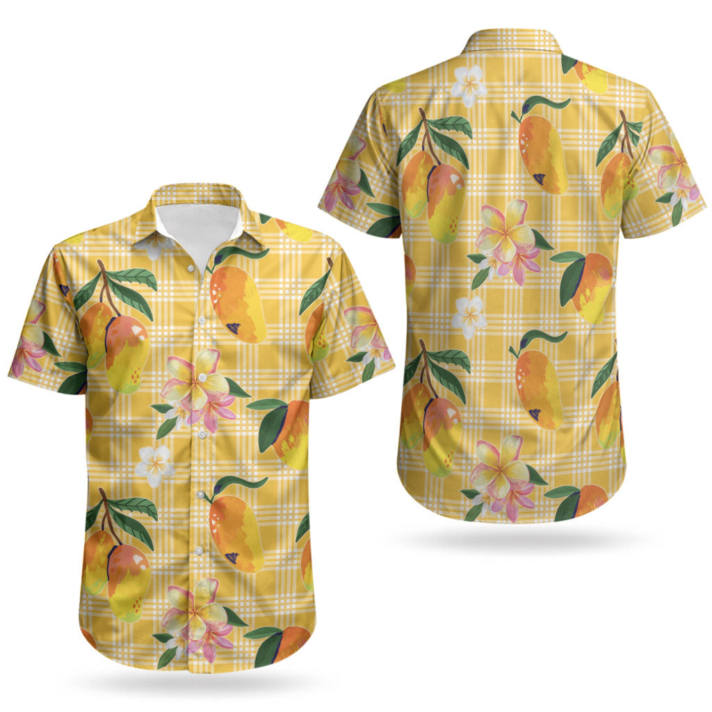 Aloha Hawaii Palaka Print Mango Plumeria Couples Matching Off Shoulder Short Dress and Hawaiian Shirt Fresh Lemon LT7 - Polynesian Pride