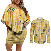 Aloha Hawaii Palaka Print Mango Plumeria Couples Matching Off Shoulder Short Dress and Long Sleeve Button Shirt Fresh Lemon LT7 Yellow - Polynesian Pride