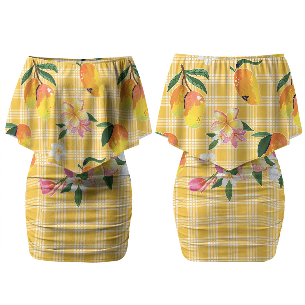 Aloha Hawaii Palaka Print Mango Plumeria Couples Matching Off Shoulder Short Dress and Long Sleeve Button Shirt Fresh Lemon LT7 - Polynesian Pride