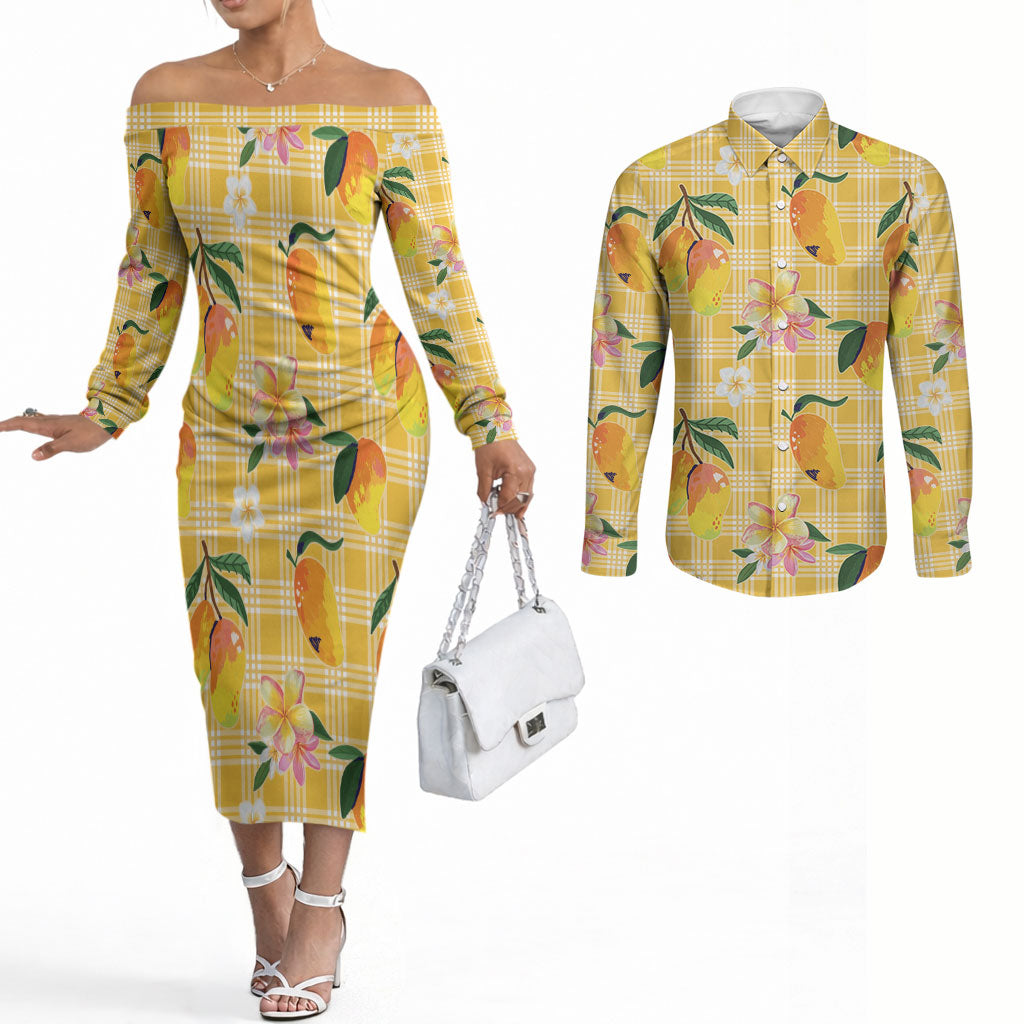 Aloha Hawaii Palaka Print Mango Plumeria Couples Matching Off The Shoulder Long Sleeve Dress and Long Sleeve Button Shirt Fresh Lemon LT7 Yellow - Polynesian Pride