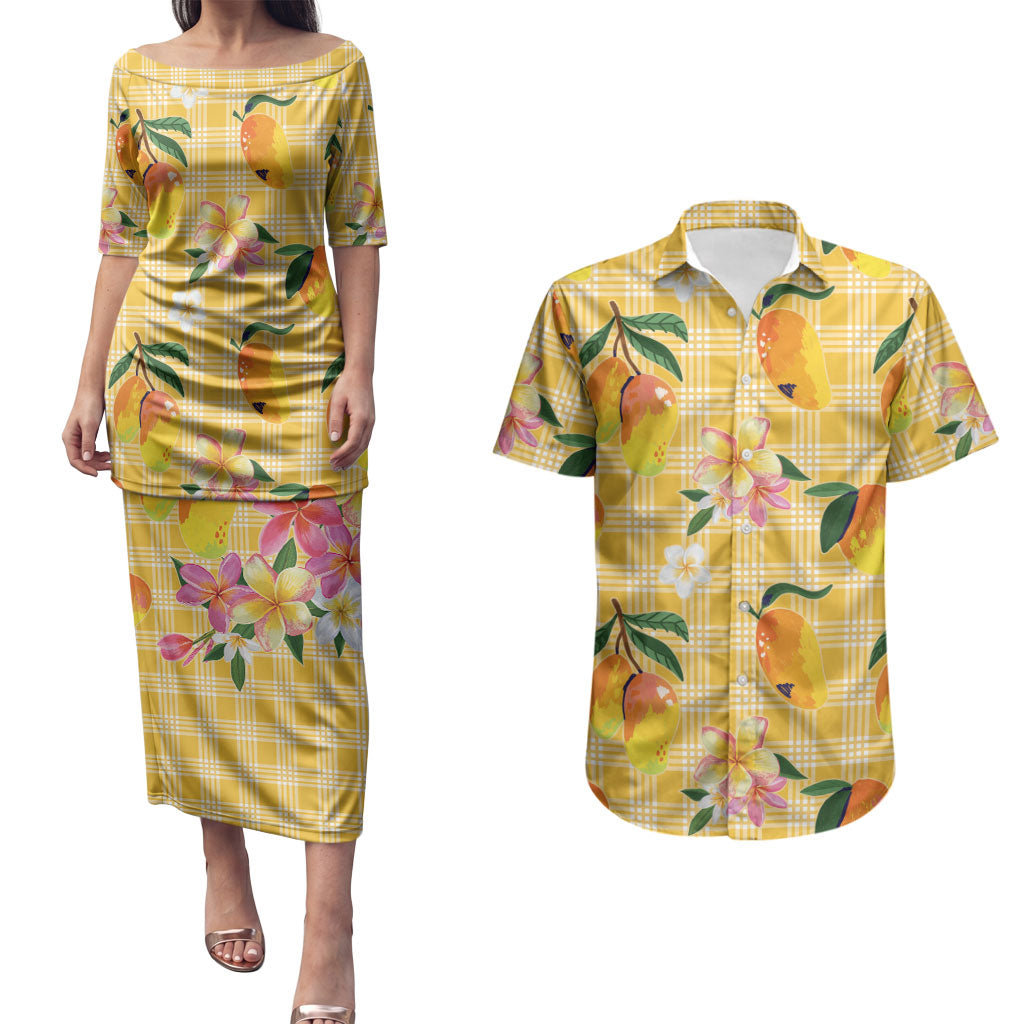 Aloha Hawaii Palaka Print Mango Plumeria Couples Matching Puletasi and Hawaiian Shirt Fresh Lemon LT7 Yellow - Polynesian Pride