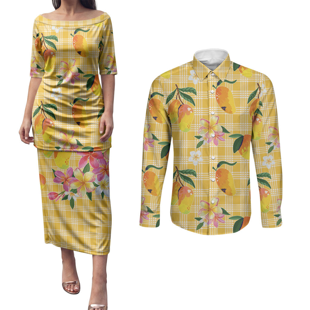 Aloha Hawaii Palaka Print Mango Plumeria Couples Matching Puletasi and Long Sleeve Button Shirt Fresh Lemon LT7 Yellow - Polynesian Pride