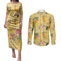 Aloha Hawaii Palaka Print Mango Plumeria Couples Matching Puletasi and Long Sleeve Button Shirt Fresh Lemon LT7 Yellow - Polynesian Pride