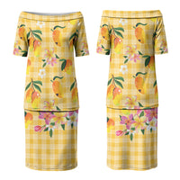 Aloha Hawaii Palaka Print Mango Plumeria Couples Matching Puletasi and Long Sleeve Button Shirt Fresh Lemon LT7 - Polynesian Pride