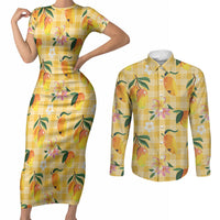 Aloha Hawaii Palaka Print Mango Plumeria Couples Matching Short Sleeve Bodycon Dress and Long Sleeve Button Shirt Fresh Lemon LT7 Yellow - Polynesian Pride