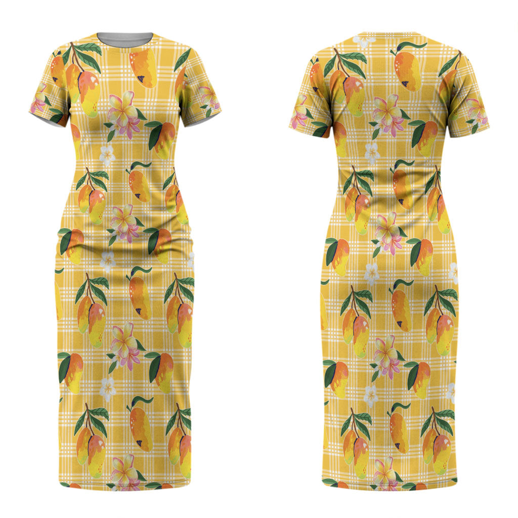 Aloha Hawaii Palaka Print Mango Plumeria Couples Matching Short Sleeve Bodycon Dress and Long Sleeve Button Shirt Fresh Lemon LT7 - Polynesian Pride