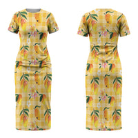 Aloha Hawaii Palaka Print Mango Plumeria Couples Matching Short Sleeve Bodycon Dress and Long Sleeve Button Shirt Fresh Lemon LT7 - Polynesian Pride
