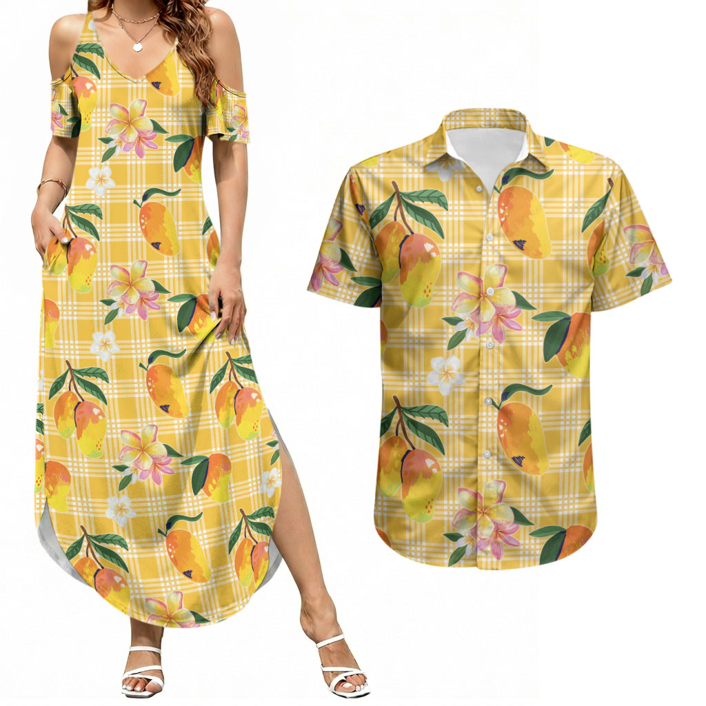 Aloha Hawaii Palaka Print Mango Plumeria Couples Matching Summer Maxi Dress and Hawaiian Shirt Fresh Lemon LT7 Yellow - Polynesian Pride