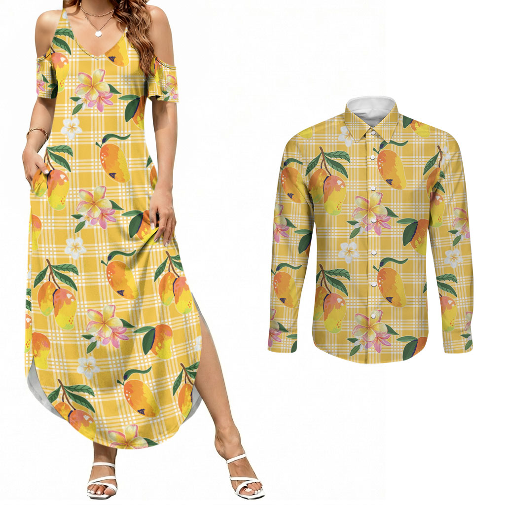 Aloha Hawaii Palaka Print Mango Plumeria Couples Matching Summer Maxi Dress and Long Sleeve Button Shirt Fresh Lemon LT7 Yellow - Polynesian Pride