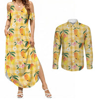 Aloha Hawaii Palaka Print Mango Plumeria Couples Matching Summer Maxi Dress and Long Sleeve Button Shirt Fresh Lemon LT7 Yellow - Polynesian Pride