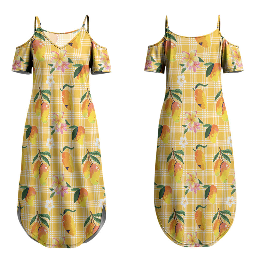 Aloha Hawaii Palaka Print Mango Plumeria Couples Matching Summer Maxi Dress and Long Sleeve Button Shirt Fresh Lemon LT7 - Polynesian Pride
