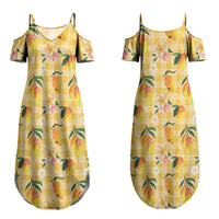 Aloha Hawaii Palaka Print Mango Plumeria Couples Matching Summer Maxi Dress and Long Sleeve Button Shirt Fresh Lemon LT7 - Polynesian Pride