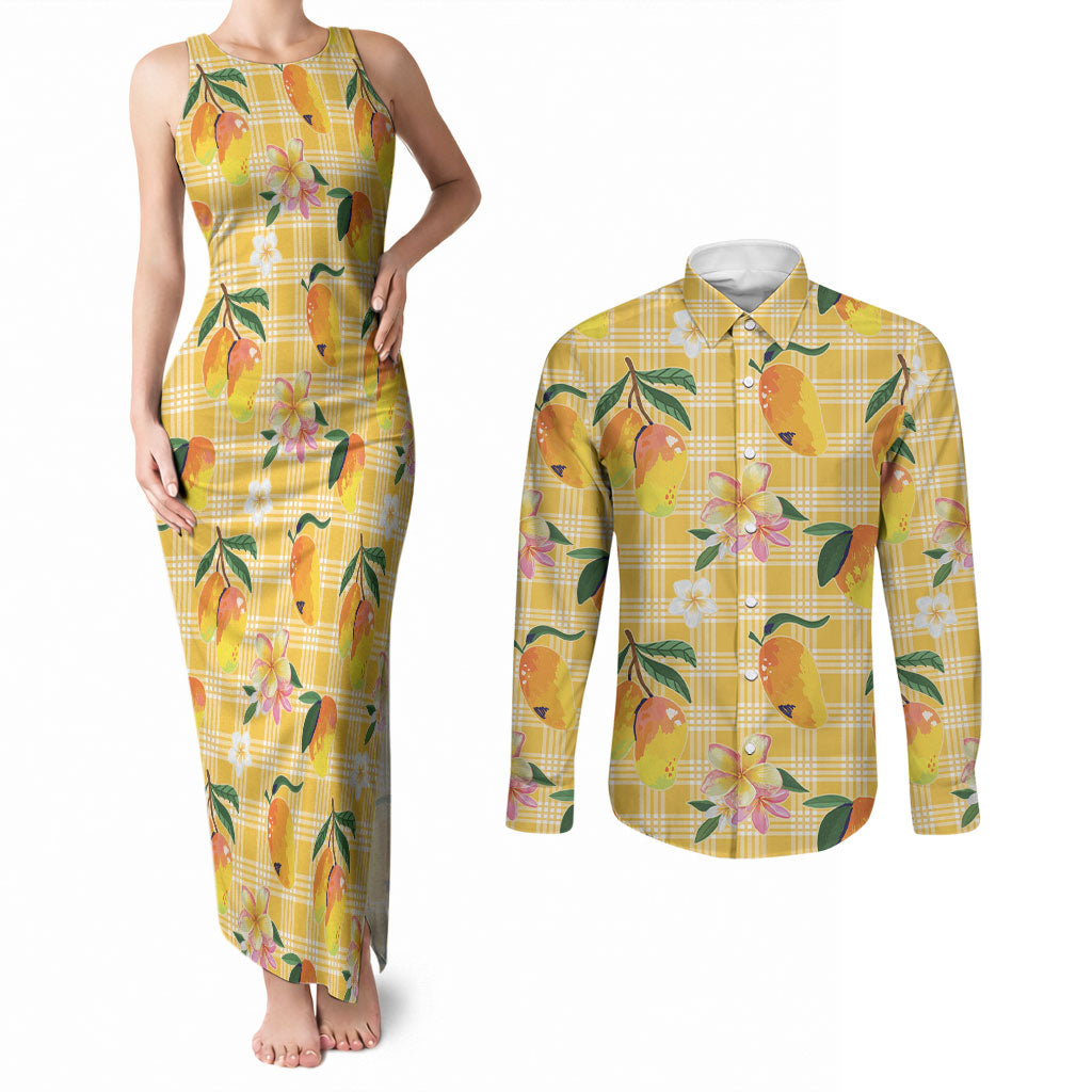 Aloha Hawaii Palaka Print Mango Plumeria Couples Matching Tank Maxi Dress and Long Sleeve Button Shirt Fresh Lemon LT7 Yellow - Polynesian Pride