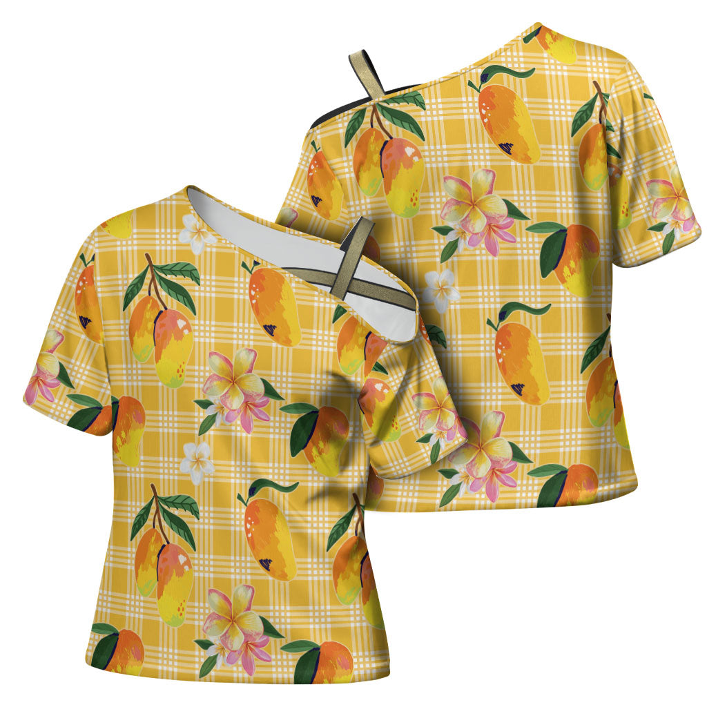 Aloha Hawaii Palaka Print Mango Plumeria Cross Shoulder Shirt Fresh Lemon LT7 - Polynesian Pride