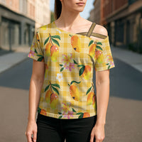 Aloha Hawaii Palaka Print Mango Plumeria Cross Shoulder Shirt Fresh Lemon LT7 - Polynesian Pride