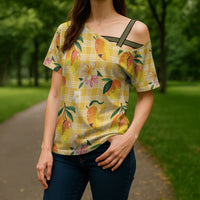 Aloha Hawaii Palaka Print Mango Plumeria Cross Shoulder Shirt Fresh Lemon LT7 - Polynesian Pride