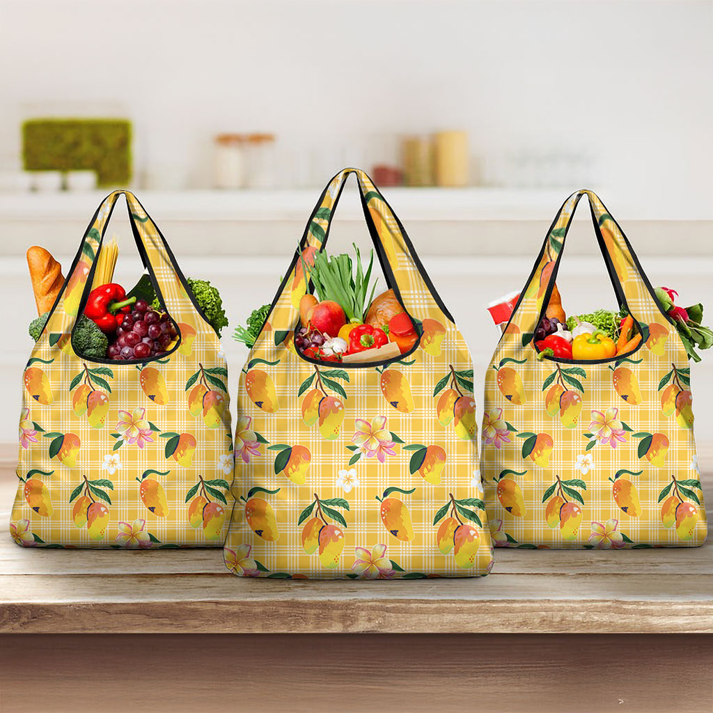 Aloha Hawaii Palaka Print Mango Plumeria Grocery Bag Fresh Lemon LT7 3-pack One Size Yellow - Polynesian Pride