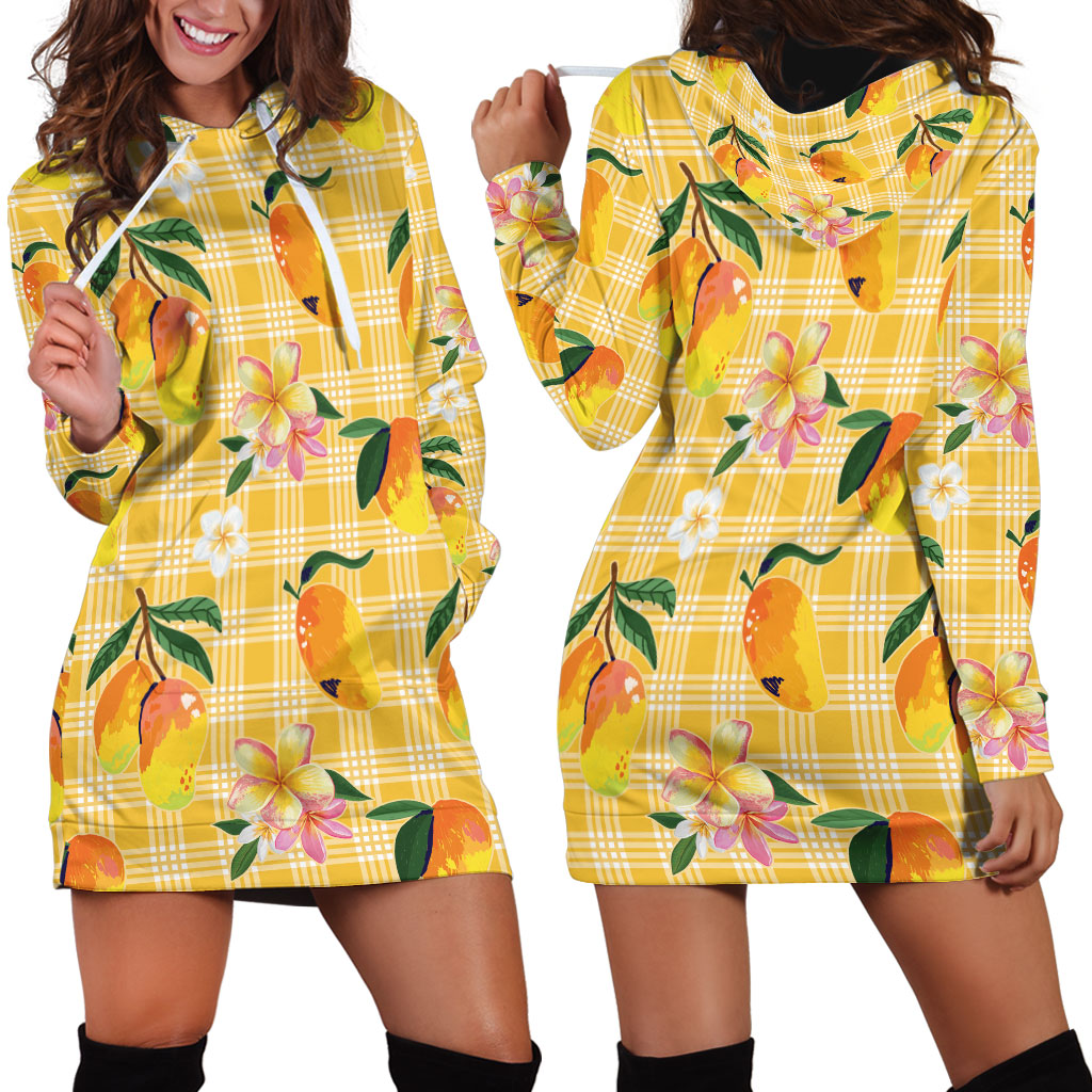Aloha Hawaii Palaka Print Mango Plumeria Hoodie Dress Fresh Lemon LT7 - Polynesian Pride