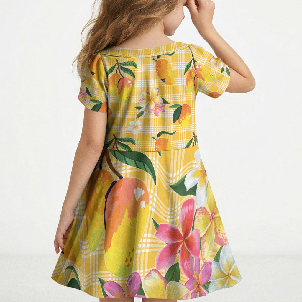 Aloha Hawaii Palaka Print Mango Plumeria Kid Short Sleeve Dress Fresh Lemon LT7 - Polynesian Pride