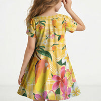 Aloha Hawaii Palaka Print Mango Plumeria Kid Short Sleeve Dress Fresh Lemon LT7 - Polynesian Pride