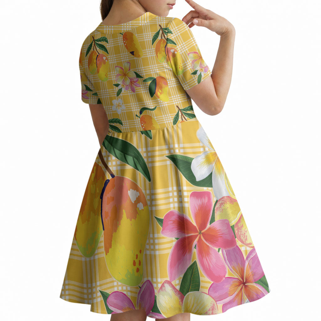 Aloha Hawaii Palaka Print Mango Plumeria Kid Short Sleeve Dress Fresh Lemon LT7 - Polynesian Pride