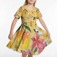 Aloha Hawaii Palaka Print Mango Plumeria Kid Short Sleeve Dress Fresh Lemon LT7 - Polynesian Pride