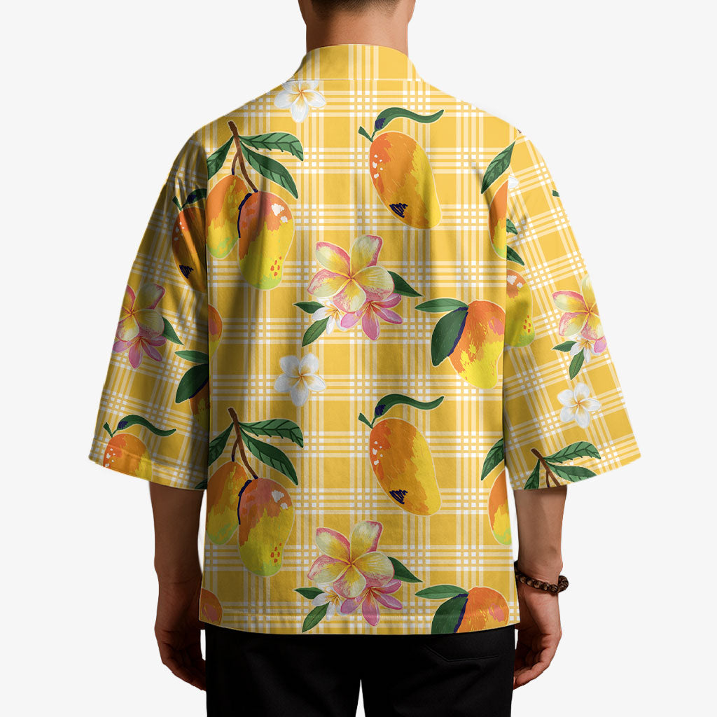 Aloha Hawaii Palaka Print Mango Plumeria Kimono Fresh Lemon LT7 - Polynesian Pride