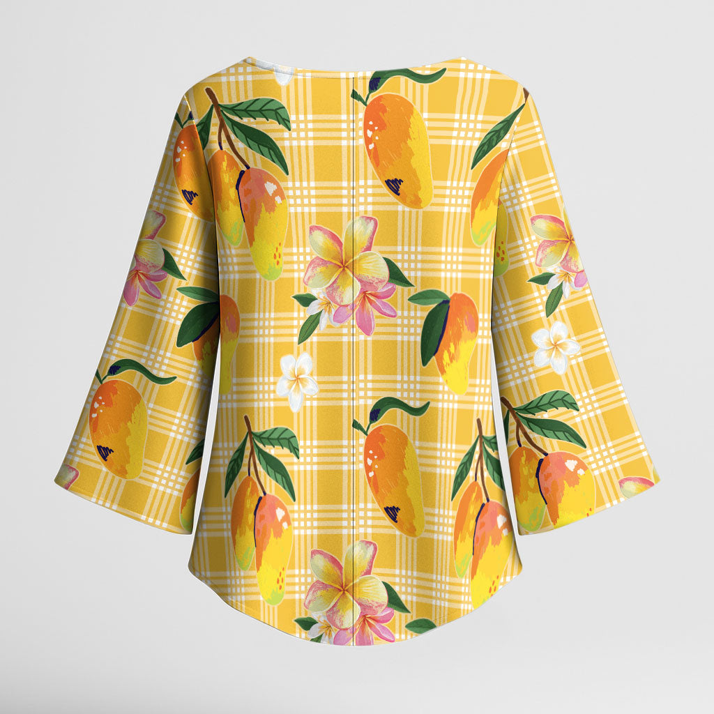 Aloha Hawaii Palaka Print Mango Plumeria Kimono Sleeve Blouse Fresh Lemon LT7 - Polynesian Pride
