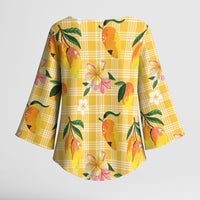 Aloha Hawaii Palaka Print Mango Plumeria Kimono Sleeve Blouse Fresh Lemon LT7 - Polynesian Pride