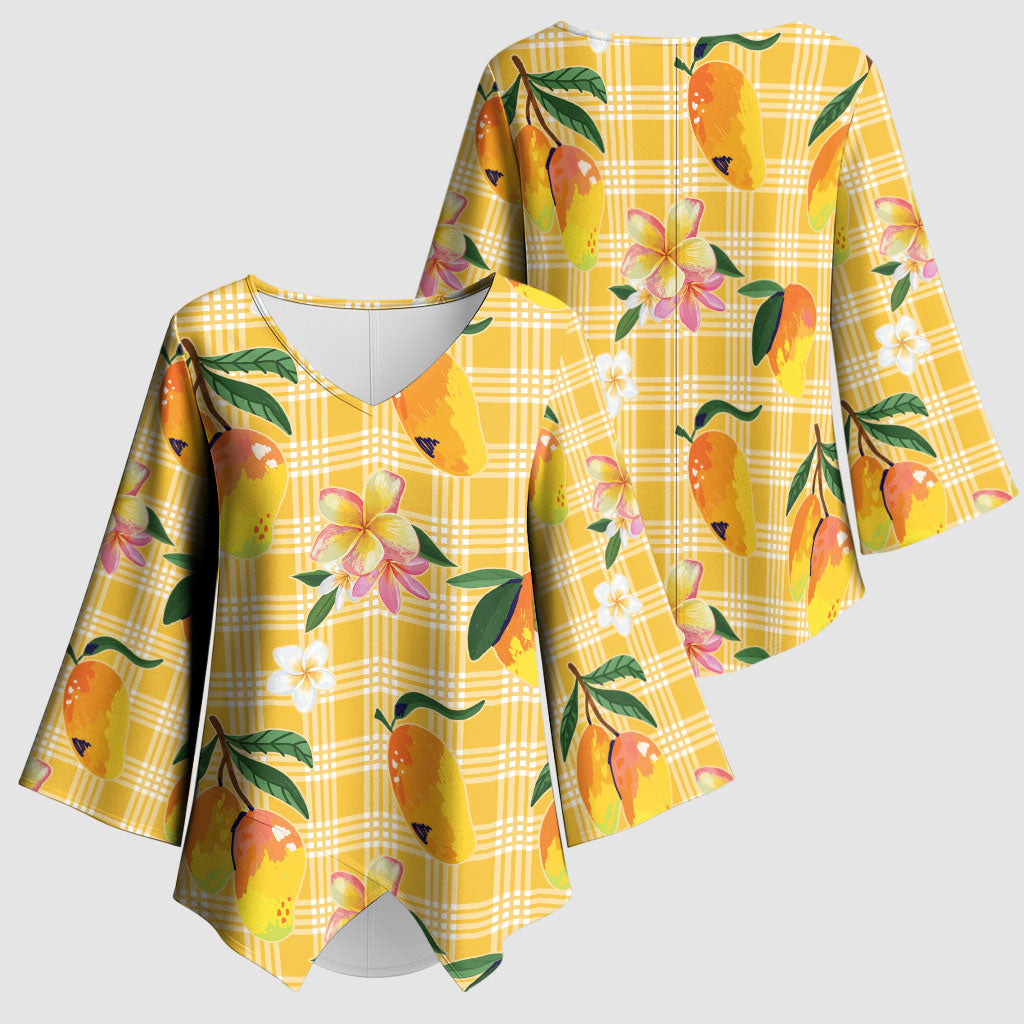 Aloha Hawaii Palaka Print Mango Plumeria Kimono Sleeve Blouse Fresh Lemon LT7 - Polynesian Pride