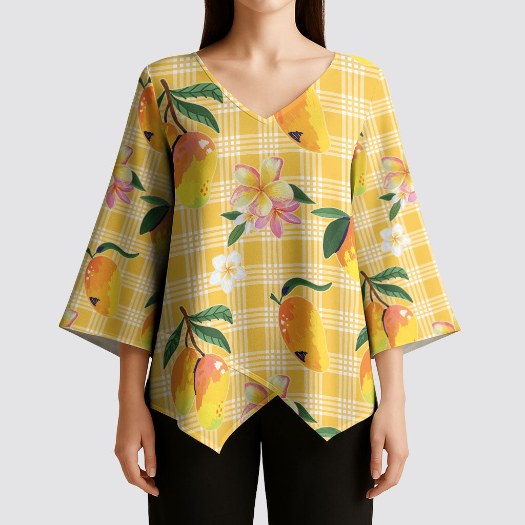 Aloha Hawaii Palaka Print Mango Plumeria Kimono Sleeve Blouse Fresh Lemon LT7 - Polynesian Pride
