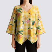 Aloha Hawaii Palaka Print Mango Plumeria Kimono Sleeve Blouse Fresh Lemon LT7 - Polynesian Pride