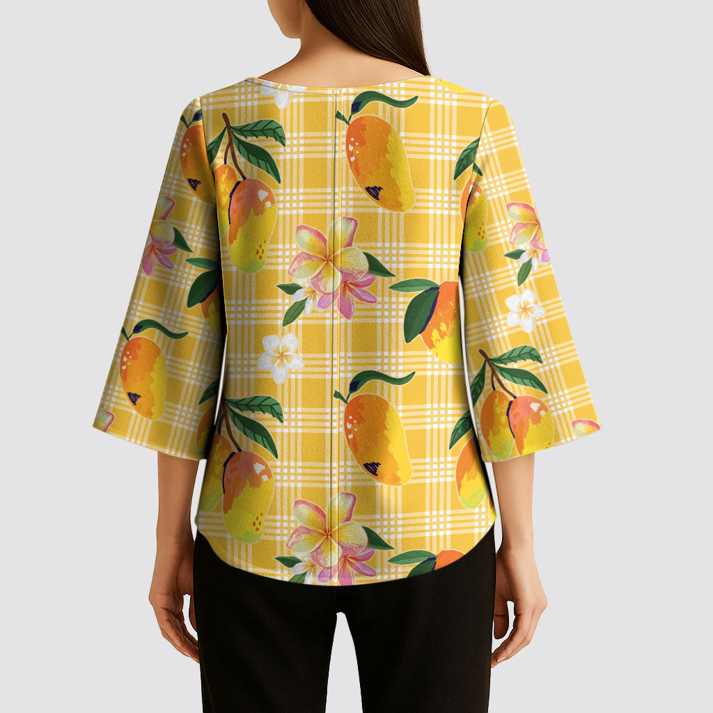 Aloha Hawaii Palaka Print Mango Plumeria Kimono Sleeve Blouse Fresh Lemon LT7 - Polynesian Pride