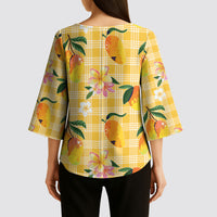 Aloha Hawaii Palaka Print Mango Plumeria Kimono Sleeve Blouse Fresh Lemon LT7 - Polynesian Pride