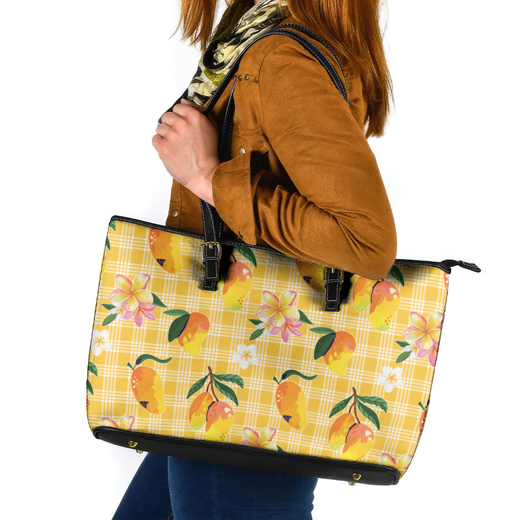 Aloha Hawaii Palaka Print Mango Plumeria Leather Tote Bag Fresh Lemon LT7 Yellow - Polynesian Pride