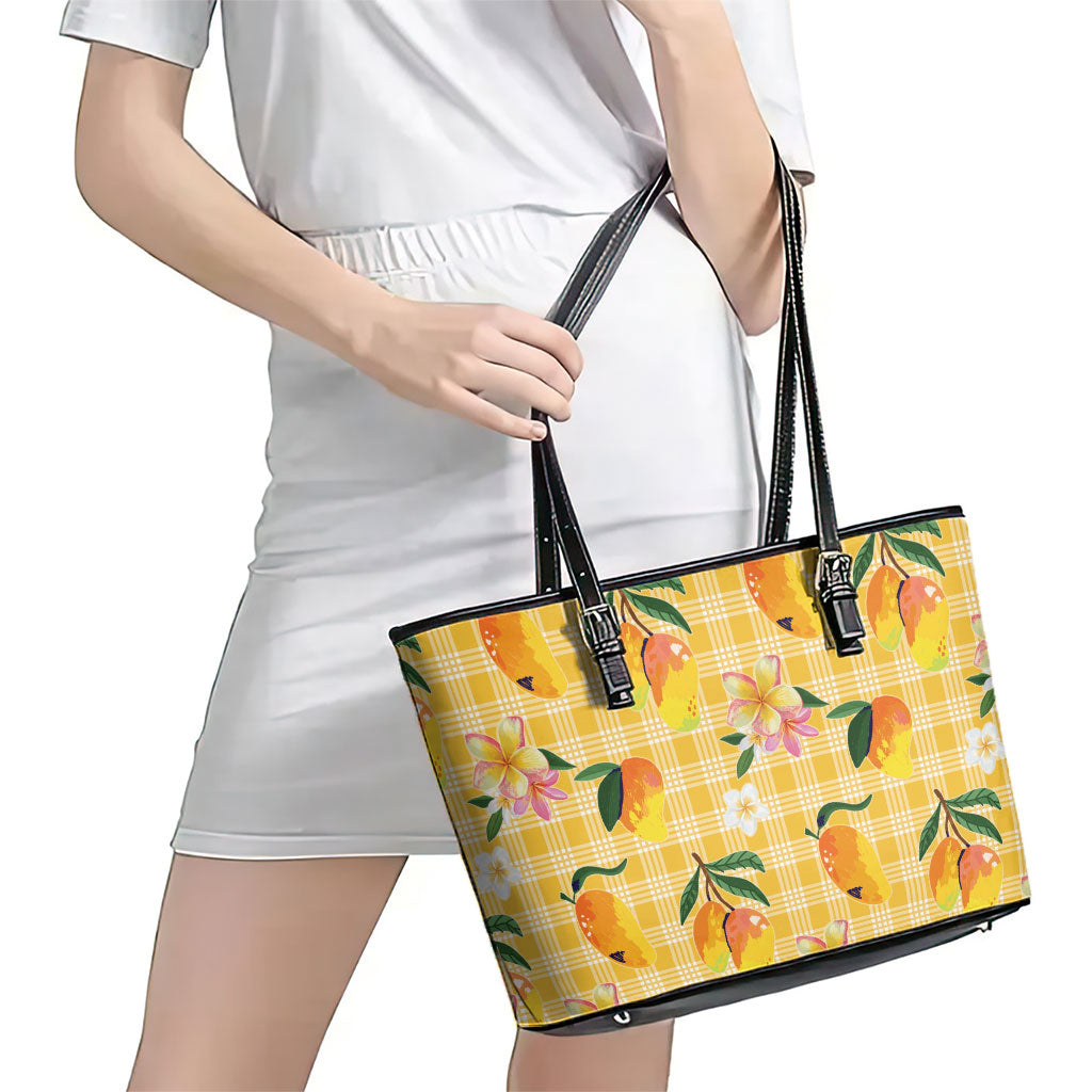 Aloha Hawaii Palaka Print Mango Plumeria Leather Tote Bag Fresh Lemon LT7 - Polynesian Pride