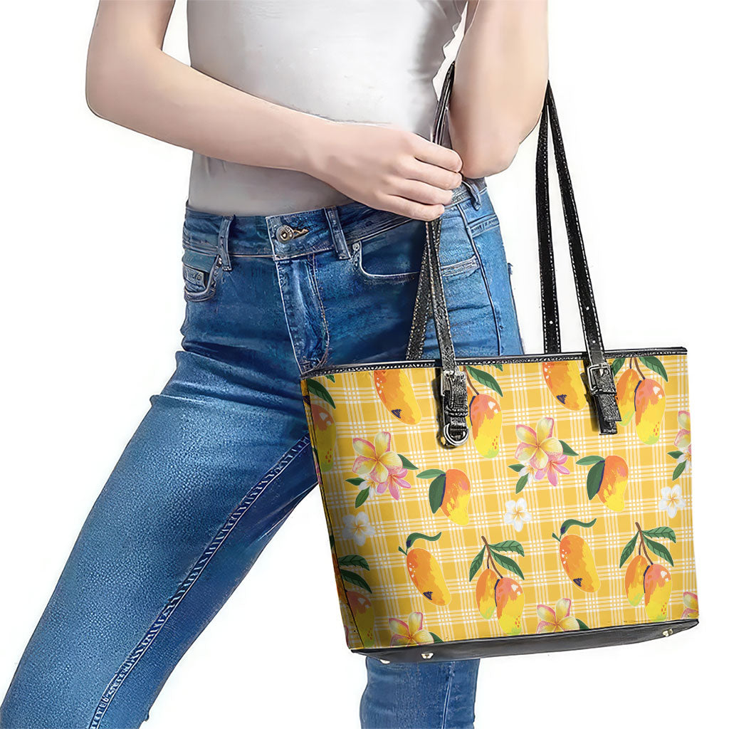 Aloha Hawaii Palaka Print Mango Plumeria Leather Tote Bag Fresh Lemon LT7 - Polynesian Pride