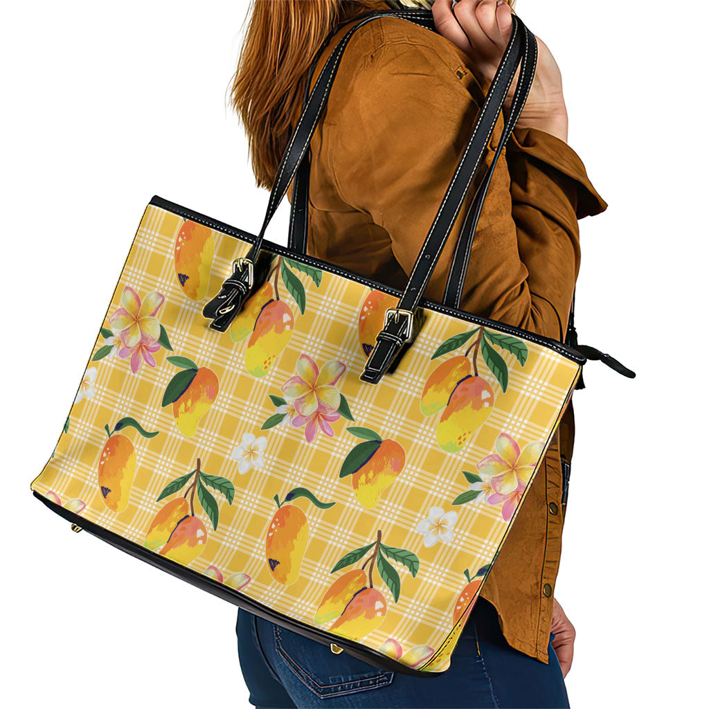 Aloha Hawaii Palaka Print Mango Plumeria Leather Tote Bag Fresh Lemon LT7 - Polynesian Pride