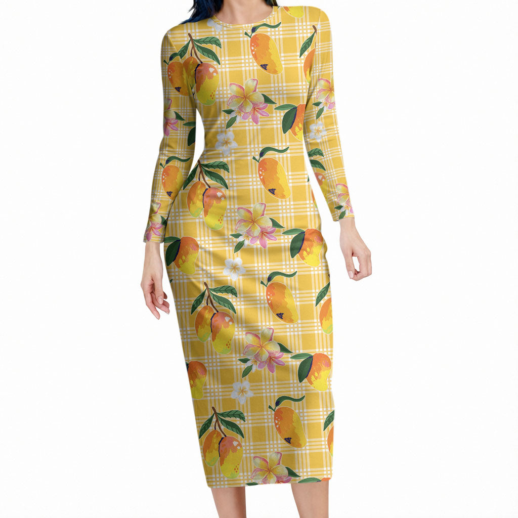 Aloha Hawaii Palaka Print Mango Plumeria Long Sleeve Bodycon Dress Fresh Lemon LT7 Long Dress Yellow - Polynesian Pride