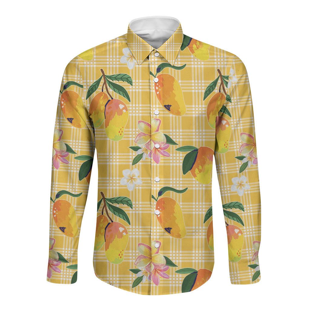 Aloha Hawaii Palaka Print Mango Plumeria Long Sleeve Button Shirt Fresh Lemon LT7 Unisex Yellow - Polynesian Pride